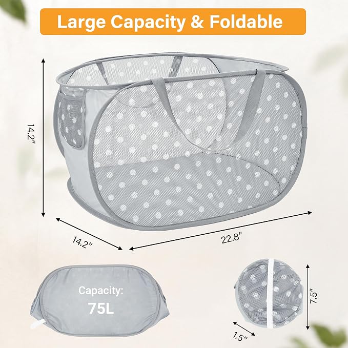 Sturdy Collapsible Laundry Baskets with Side Pockets, Mesh Pop Up Laundry Hamper, Foldable Clothes Storage Hamper with Reinforced Carry Handles for Home, Dorm, Travel -Polka Dot Print, Gray