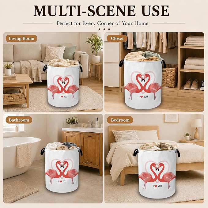 Pink Flamingo Heart Large Clothes Hamper, Portable Collapsible Laundry Basket with Handles, Freestanding Storage Bin for Bedroom Bathroom Dorm Laundry Room