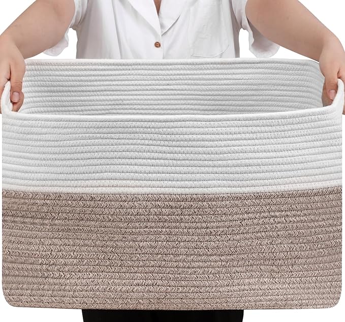 Optish 75L Large Blanket Basket, Woven Storage Baskets with Reinforced Handles, Rope Laundry Basket for Living Room, Bedroom, Nursery, Toys, Clothes,Pillows, 22” x 17” x 11.5”, White & Brown