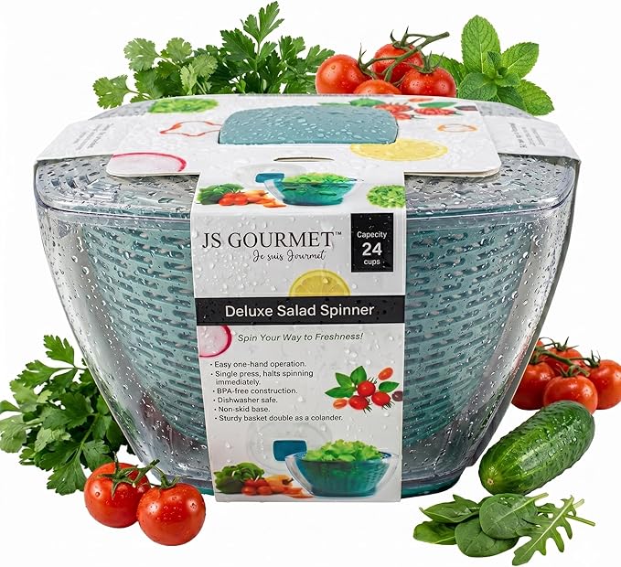 JS Gourmet Salad Spinner – 5.68L (24 Cup), BPA-Free Manual Vegetable Spinner with Strainer Basket, Durable Kitchen Gadget, Easy Spin Dryer Bowl for Lettuce, Fruits & Greens
