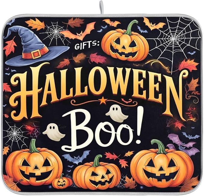 Halloween Ghosts Boo Dish Drying Mat for Kitchen Countertop 16x18 Witch Pumpkin Lantern Bat Small Drying Mat Reusable Quick Dry Dish Sink Mats Easy Clean Decorative Essentials