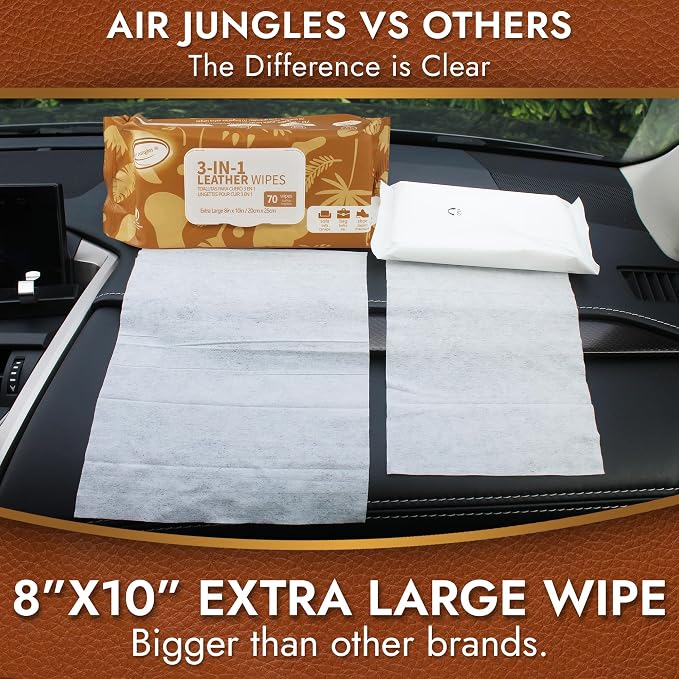 Air Jungles 3in1 Leather Cleaner Wipes 70 Count (3 Pack), XL 8x10 Inch | Clean Condition Protect Wipes for Vinyl and Leather Apparel Furniture Auto Car Interior Shoes Boots Bags