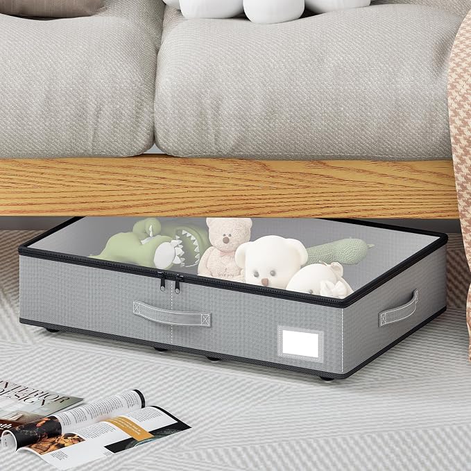 EE-RoomWorld Under Bed Storage with Wheels, No Assemble Required 5.5 inches height grey under bed storage bins,Low Profile Rolling Underbed Shoe Storage containers，dorm underbed storage drawers