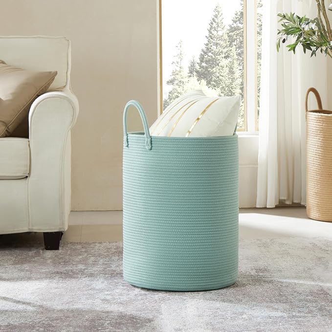 Tall Green Hamper Cotton Rope Laundry Basket 15Dx20H Inches | Woven Basket for Clothes Blanket Storage in Bedroom Living Room for Baby Nursery Kids Toys Organize 60L Large Capacity