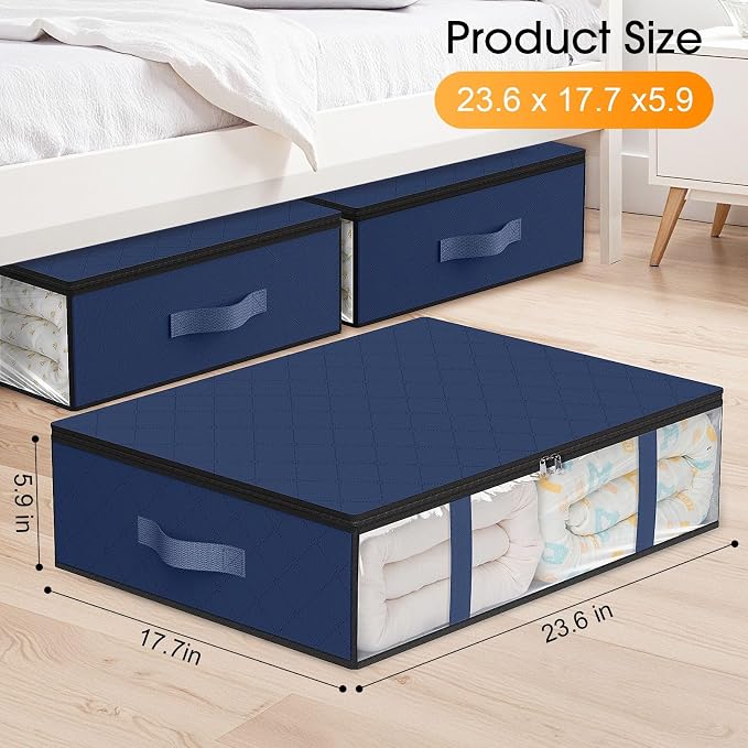 StorageRight Under Bed Storage Bags, 4 Pack, 40L, Blue | Breathable Non-Woven Fabric with a Clear Window and Zippered Top for Clothes, Comforters, Blankets and Seasonal Storage