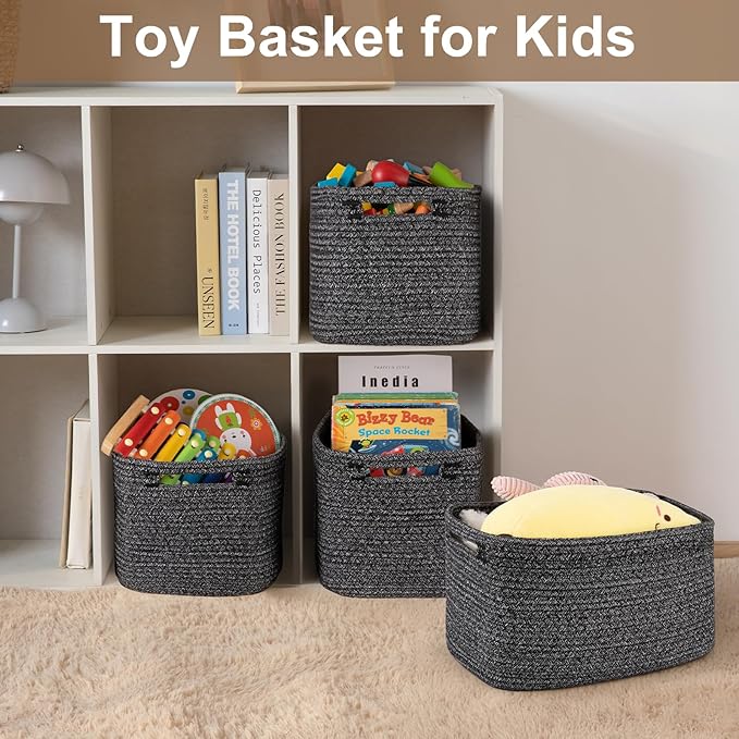 OIASKET Storage Baskets for Organizing, Woven Decorative Baskets for Shelves - Books, Towels, and Clothes, Cotton Rope Toy Storage Bins, 12.7''Lx9''Wx7.8''H, Pack of 4, Black and White