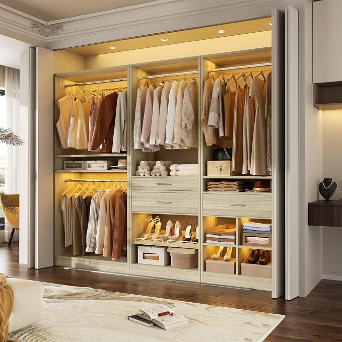 Unikito Closet System Set of 2, 5FT Closet Systems with 2 Wood Drawers, 61" Closet Organizer System with 3 Hanging Rods & 2 Shelves, Heavy Duty Walk-in Closet, White Oak (61" L x 16" W x 80" H)