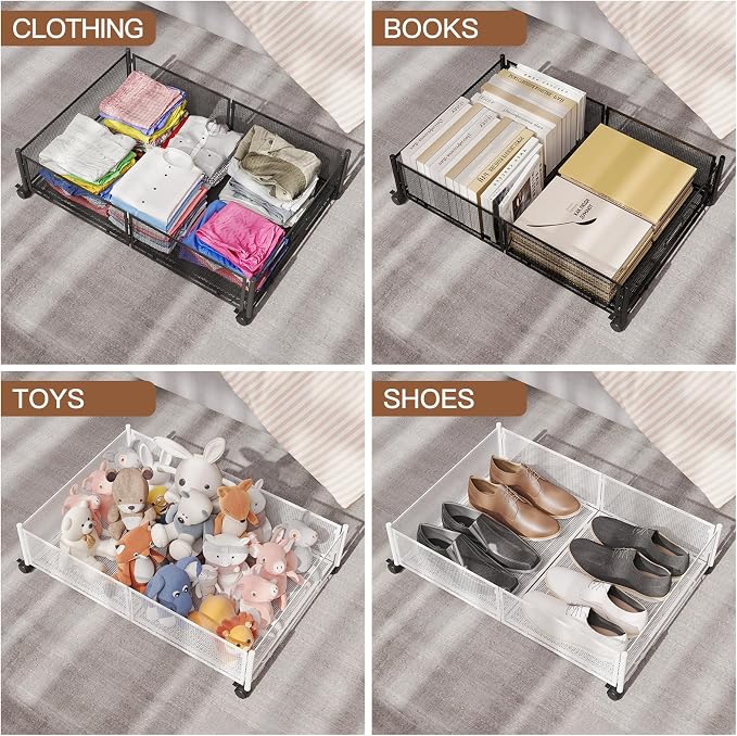 Gawerk Under Bed Storage with Wheels, Foldable Metal Mesh Underbed Storage Container Bins, Tool-free Assembly Clothes Drawer Organizer, 2Pack