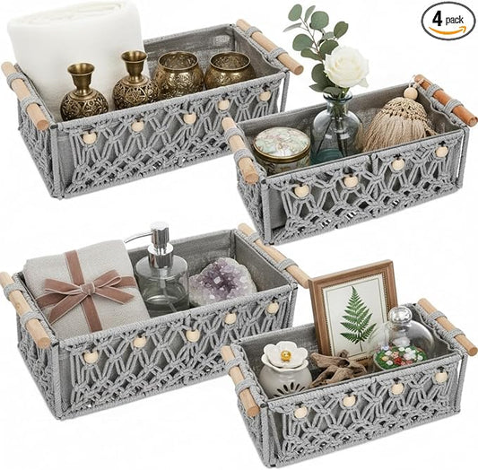 Vesici 4 Pcs Grey Macrame Storage Basket for Shelves 13 in 11 in Boho Storage Basket Hand Woven Boxes with Wood Handles Beads Decorative Countertop Toilet Tank Cabinet Organizer for Home Room Decor