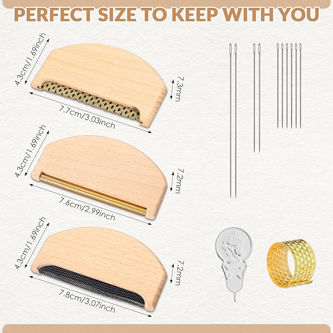 LemonRoad 3 Pcs Wooden Lint Comb 3 Styles Manual Portable Sweater Comb Manual Fabric Shaver with Sewing Needles Pill Remover Wooden Pilling Fuzz Remover Complete Garment Repair Kit for Clothing Care