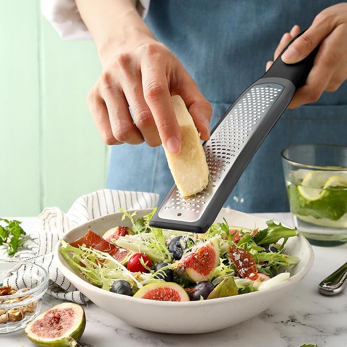 Spring Chef Premium Gray Lemon Zester Grater with Handle - Lime, Garlic, Ginger, Orange, Nutmeg, Fruit Grater - Heavy Duty Kitchen Tool - Stainless Steel Citrus Zester with Blade Cover - Fine Shred