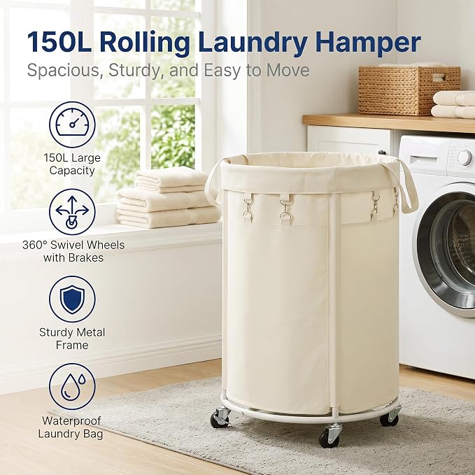 150L Large Capacity Rolling Laundry Basket Hamper with Wheels, Clothes hamper and Removable Bag for Home, Laundry Room, Bedroom, Bathroom, Apartment, Dorm