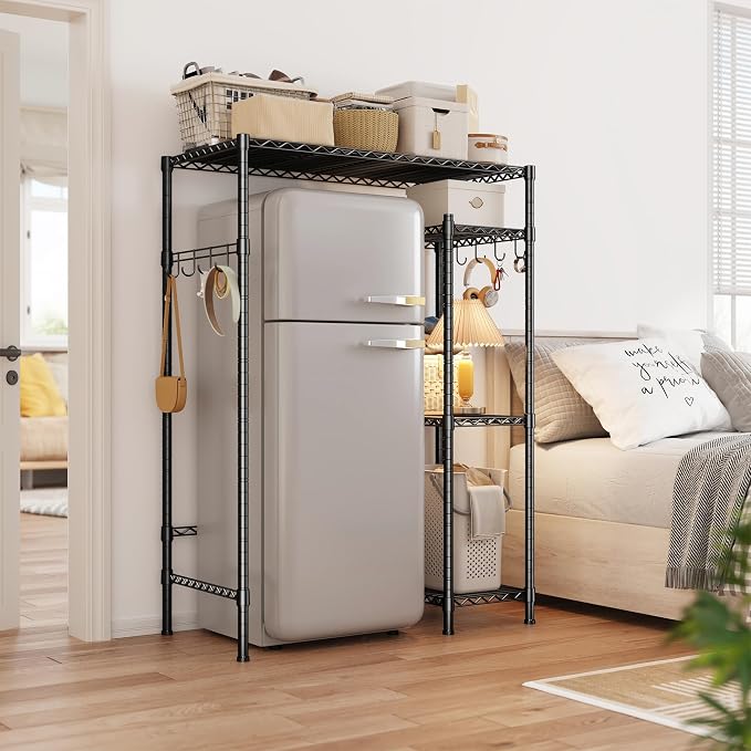 REIBII Mini Fridge Stand with Storage, 4-Tier Adjustable Shelves, 380 lbs | With 8 Hooks, Fits Mini Fridge & Kitchen Appliances, Heavy Duty Steel Frame, Easy Tool-Free Assembly, Dorm & Pantry