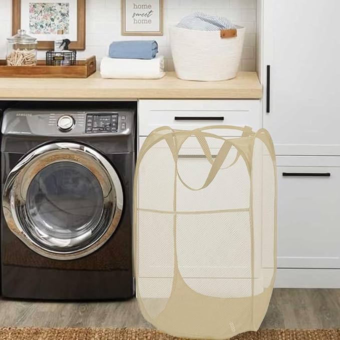 BATTOO Deluxe Strong Mesh Pop up Laundry Hamper Basket with Side Pocket for Laundry Room, Bathroom, Kids Room, College Dorm or Travel Beige
