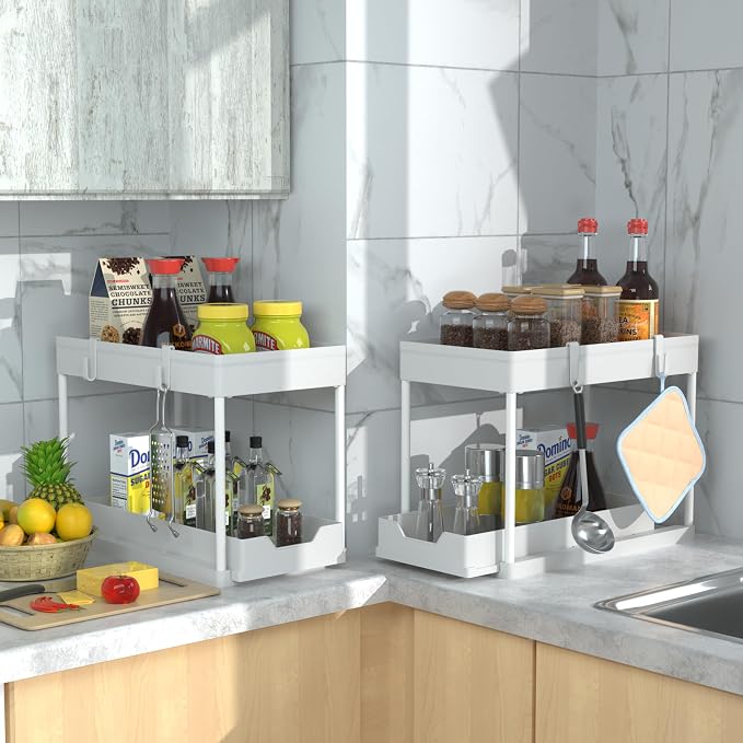 Under Sink Organizer 2 Pack,2 Tier Slide Out Storage for Kitchen Bathroom | Multi-purpose Under Cabinet Storage Rack Fit Kitchen Sink, Bathroom Vanity, Easy Assembly