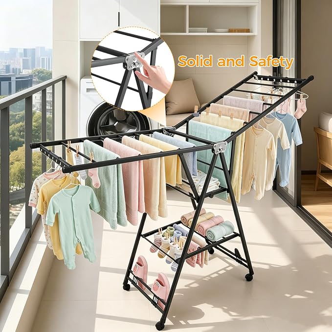 Clothes Rack, 3-Tier Drying Hanger, for 30 Pieces+, Foldable and Space Saving, Portable, Indoor or Outdoor Use, Solid Metal Clotheshorse, Nice for Mum, Gray(1.6 m Wing Length)