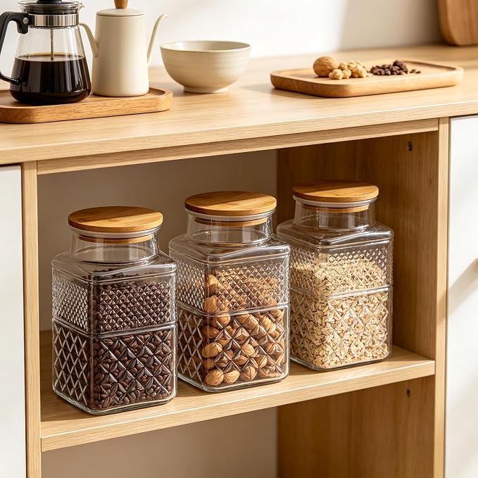 Large Glass Storage Jar, 60 FL OZ Glass Food Storage Containers with Bamboo Lid, Kitchen Laundry Room Organization Jar for Cookies Coffee Flour Sugar Laundry Pods Detergent Airtight Glass Jars