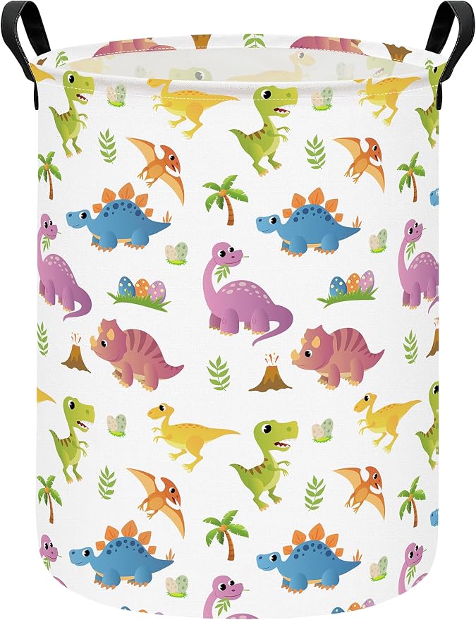 Round Laundry Basket Collapsible Storage Hamper Organizer Cute Dinosaur | Waterproof Canvas Foldable Baskets with sturdy Handles Multi-scene Organizer for Home Play Bedroom Gift Bin