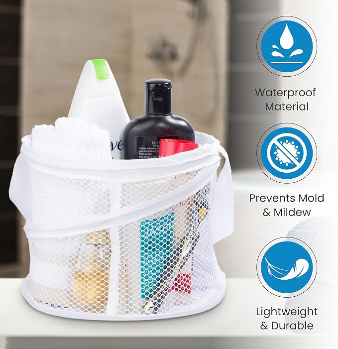 Handy Laundry Portable Shower Caddy Mesh Basket, Small Collapsible Foldable Toiletry Caddy with Handle | Quick Dry Drain Hole, Large Compartments for College Dorm, Gym, Travel, Camping, White