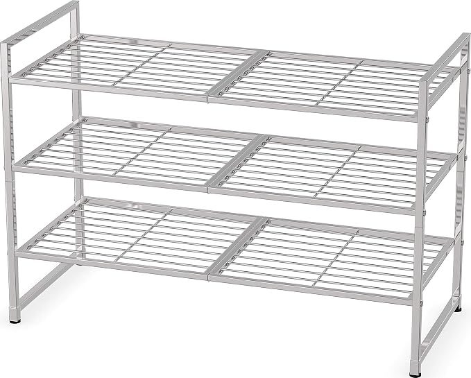 Simple Houseware 3-Tier Stackable Wired Grid Shoe Rack, Silver | 9 Pairs of Shoes Storage Organizer for Closet, Entryway, Garage & Corridor