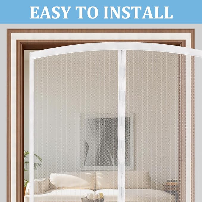 Magnetic Screen Door - Self Sealing, Heavy Duty, Hands Free Mesh Partition Keeps Bugs Out Let Breeze in- Pet and Kid Friendly - Keep Open Feature (White, Fit Door Size 36 x 96 Inch)