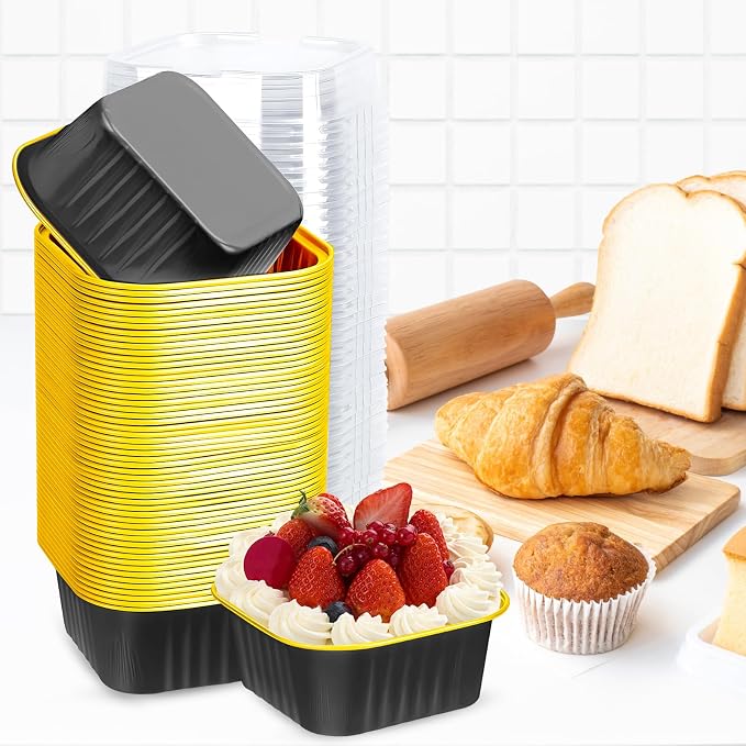 200Pack 5oz Black&Gold Mini Cake Pans with Lids Baking Cups Aluminum Foil Pans Tins, Individual Dessert Cups Containers for Sales,Party,Picnics