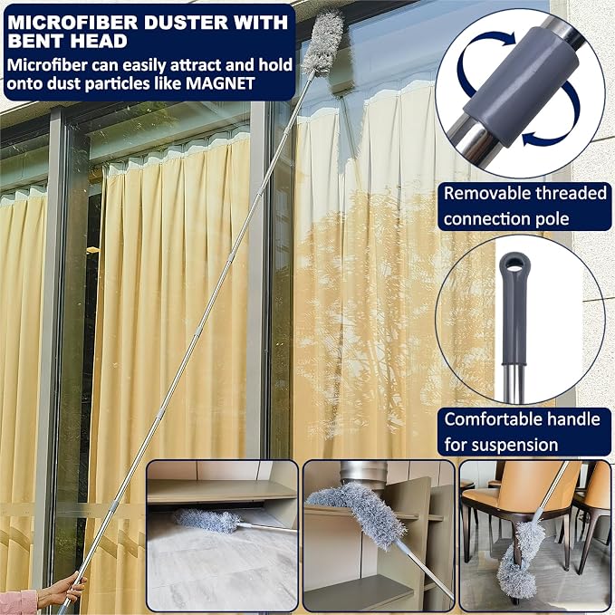 20 Ft+ High Reach Cobweb Dusting Kit with 3-14 Ft Extension Pole/Spider Web Brush & Ceiling Duster Microfiber Feather Duster with Washable Head for Cleaning Ceiling Fan, Furniture, Home