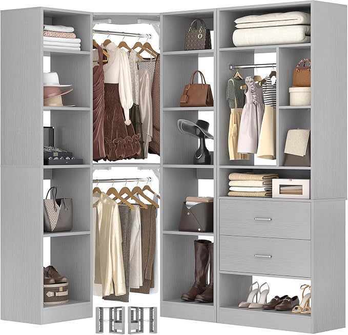 Besiost Corner Closet System with 2 Sets, 63.2" Corner Closet Organizer System with 2 Drawers + 18 Shelves + 3 Hanging Rods, Reversible L Shaped Walk-in Closets, Grey (63.2" L x 39.2" W x 80" H)