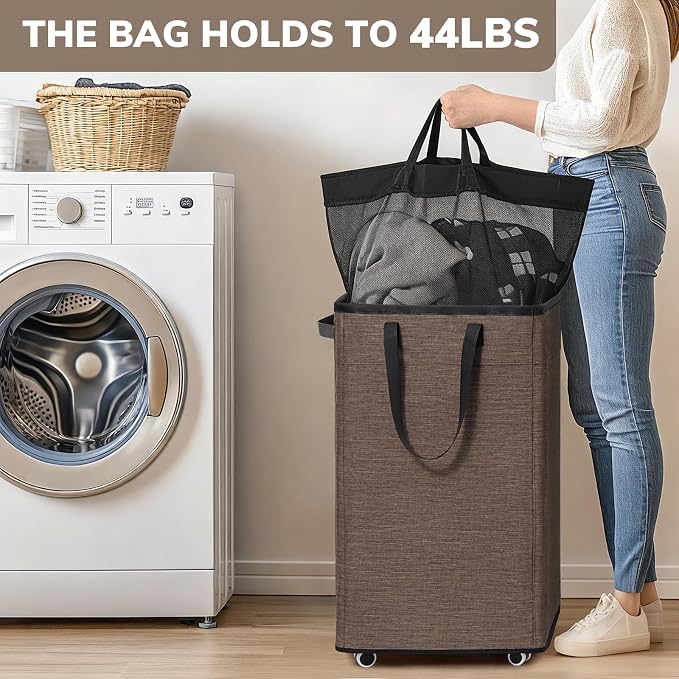 Goodpick 75L Collapsible Laundry Baskets with Removable Wash Bag and Wheels | Laundry Basket with Wheels, Rolling Laundry Hamper with Handle for College Dorm, Laundry Hamper on Wheels, Light Brown