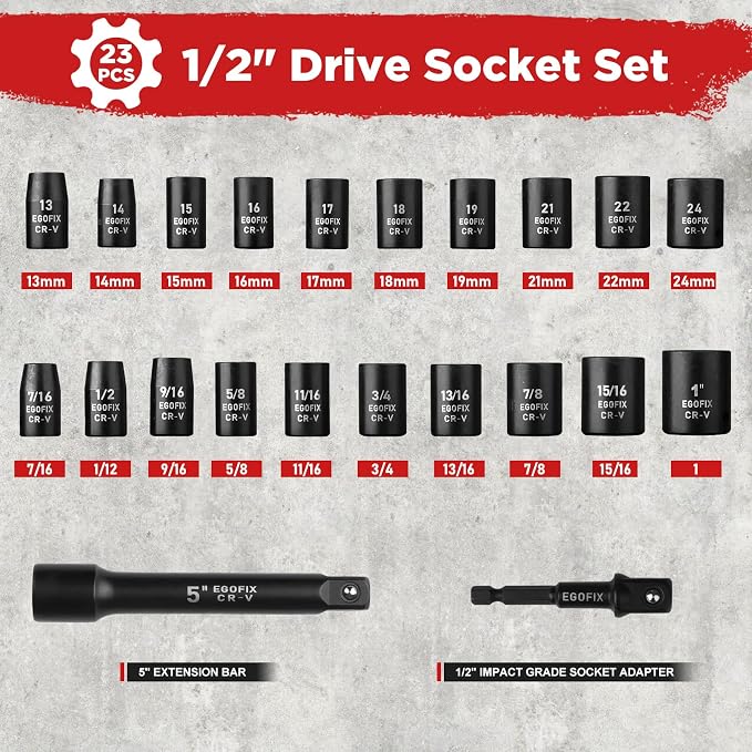 1/2" Drive Impact Socket Set, 23 Piece Metric (13-19, 21, 22, 24mm) and SAE (7/16 to 1 inch) Tool Set with 72 Tooth Reversible Ratchet, with Storage Box for Auto Repairing