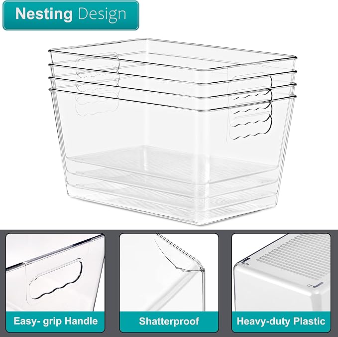 Clear Storage Bins with Lids, 8 Pack Large Stackable Clear Bins, Clear Storage Containers with Lids, Plastic Organizer Boxes for Pantry Storage, Kitchen Cabinets, Closet Organization, Bathroom