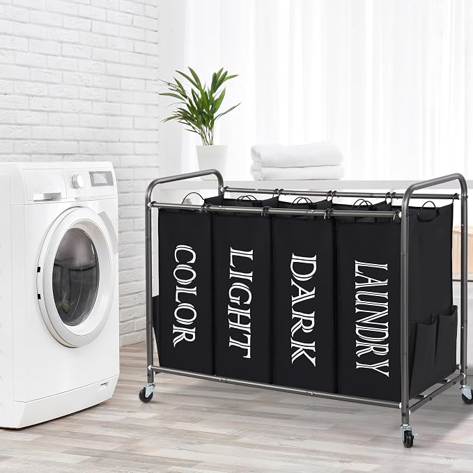 STORAGE MANIAC Laundry Sorter 4 Section, 47.5 Gal (180 L) Laundry Hamper with Wheels, Clothes Divider Basket Sorter, Separator Hamper Cart with Removable Bags, Label Black