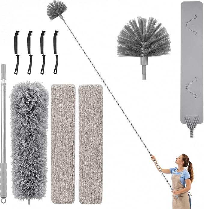 10-Piece Duster with Extension Pole,Cobweb Duster for High Ceilings | Includes spider web brush and flat gap cleaner for fans, blinds, walls, furniture, cars, and under appliance cleaning