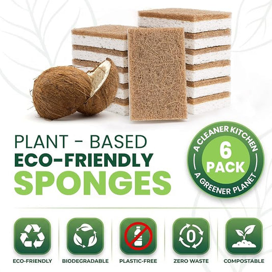 Metflavor Kitchen Sponges, 6 Count, Natural Non-Scratch Cellulose Sponge with Coconut Scrubber for Dishes, Biodegradable & Compostable, Non Toxic Cleaning Sponges for Kitchen, Bathroom, Household