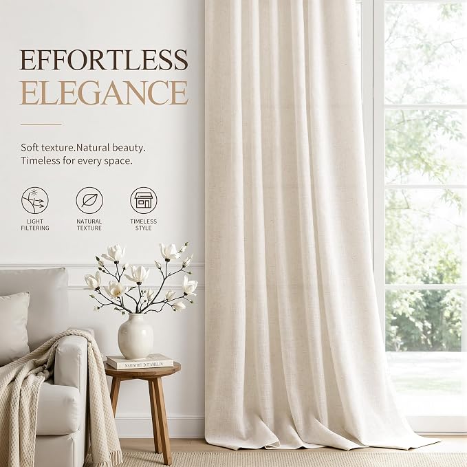 Hokibero Cream Linen Curtains 86 Inches Long for Living Room 2 Panels | Light Filtering Semi Sheer Curtain, Back Tab Rod Pocket Pleated Look, Beige Window Drapes for Bedroom Privacy, Boho Farmhouse
