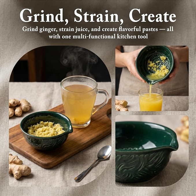 3-in-1 Ceramic Grater Bowl,Garlic Ginger Grinder with Herb Stripper | Cleaning brush included | Enhanced grinding texture | Multiple stripping holes | Dishwasher safe | Less mess food prep