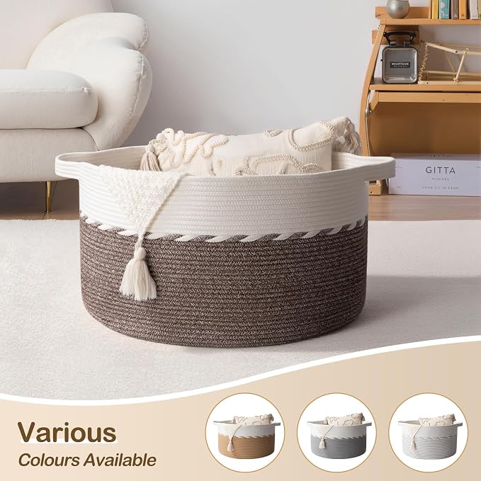 OIAHOMY 90L Extra Large Blanket Basket - Decorative Cotton Rope Storage Basket for Bedroom, Living Room & Nursery - Woven Laundry Hamper for Organizing Blankets, Clothes & Toys - Light Grey & White