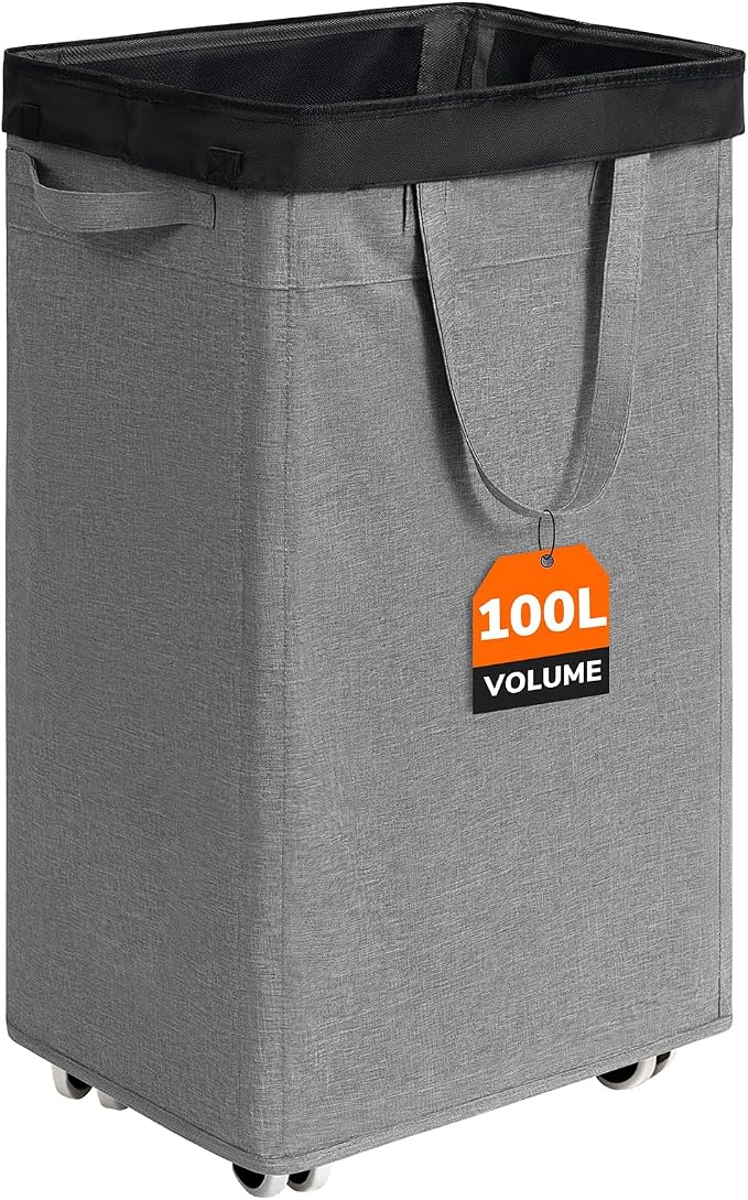 CHICVITA 100L Slim Laundry Basket with Wheels & Wash Bag, Light Grey | Removable wash bag, space-saving slim design for bedroom and college dorm. Rolling clothes hamper