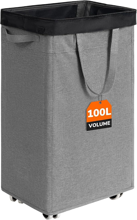 CHICVITA 100L Slim Laundry Basket with Wheels & Wash Bag, Light Grey | Removable wash bag, space-saving slim design for bedroom and college dorm. Rolling clothes hamper