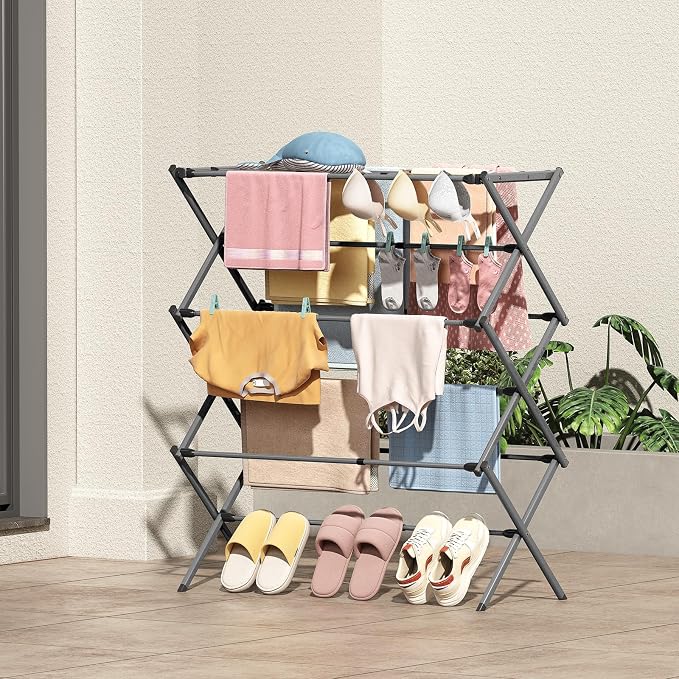 KINGBOARD 3-Tier Extendable Clothes Drying Rack, Small & Foldable, Grey | 37.4"H x 33.8"W x 11.2"D, Space-Saving Collapsible, Easy Assembly, Rust-Resistant Iron Frame, Indoor Outdoor Use, 25lb