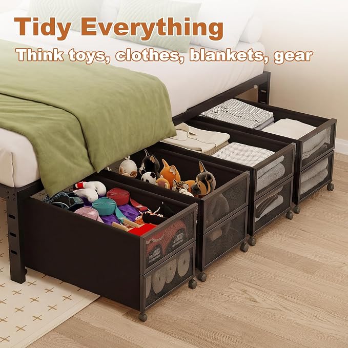 Fokyfok 2 Pack Under Bed Storage with Wheels,16 inch Tall Extra Large Under Bed Clothes Storage,Underbed Storage with Wheels,Rolling Under Bed Drawers with Lid for Dorm,College,Apartment,Black