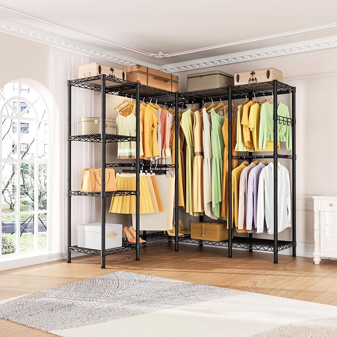 Golpart Heavy Duty Clothes Rack Metal Wardrobe with Adjustable Wire Shelves | Closet Organizers and Storage Clothing Rack Metal System Freestanding Hanging Clothes System Free Standing Garment Coat Racks