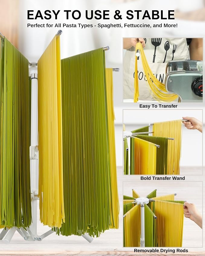 Pasta Drying Rack Collapsible, Large Noodle Dryer Foldable | 360° Rotating, Adjustable Height(14.5"-23.6"), 304 Stainless Steels Arm with Ravioli Wheel for Fresh Pasta Spaghetti