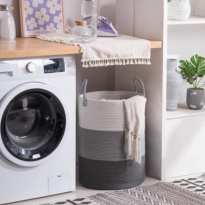 YOUDENOVA Cotton Rope Laundry Hamper Basket, 58L Blanket Basket for Nursery | Large Woven Laundry Hamper with Sturdy Handles, Collapsible Home Decor Laundry Basket for Laundry, Clothes, Toys in Bedroom
