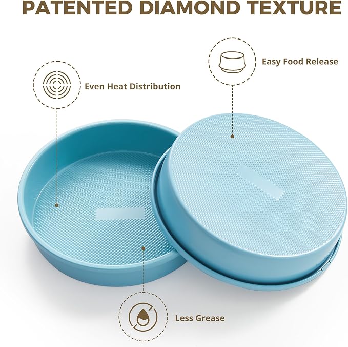 HONGBAKE Nonstick Ceramic 9 Inch Round Cake Pan Set of 2, Heavy-Duty Aluminized Steel Round Cake Pans with Diamond Texture, Non-Toxic Cake Molds, Cake Pans 9 Inch Round for Baking Cheesecake, Blue