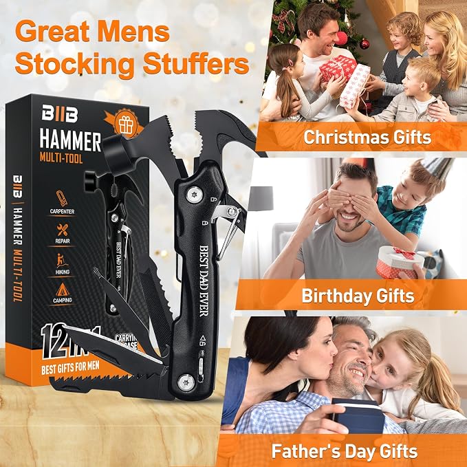 BIIB Dad Gifts, 12 in 1 Hammer Multitool, Camping Essentials Survival Tools | Stocking Stuffers for Dad Husband Grandpa, Camping Essentials Tools, Personalized Fathers Day Mens Gifts from Daughter Wife