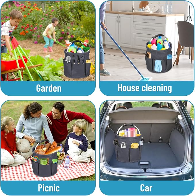 mumisuto Cleaning Caddy with Handle, 17L Collapsible Cleaning Products Organiser Bucket Tool Organizer in 600D Oxford Fabric Portable Multi Cleaning Bucket Bag for Home Garden (Dark Grey)