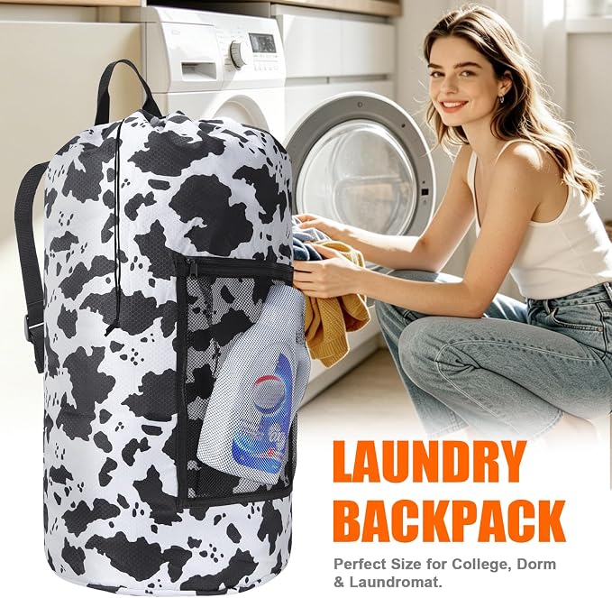 Laundry Bag Backpack Durable Laundry Bag with Shoulder Straps and Mesh Pockets Portable Laundry Hamper Dirty Clothes Bag for College, Travel, Laundromat, Apartment (Cow Print)
