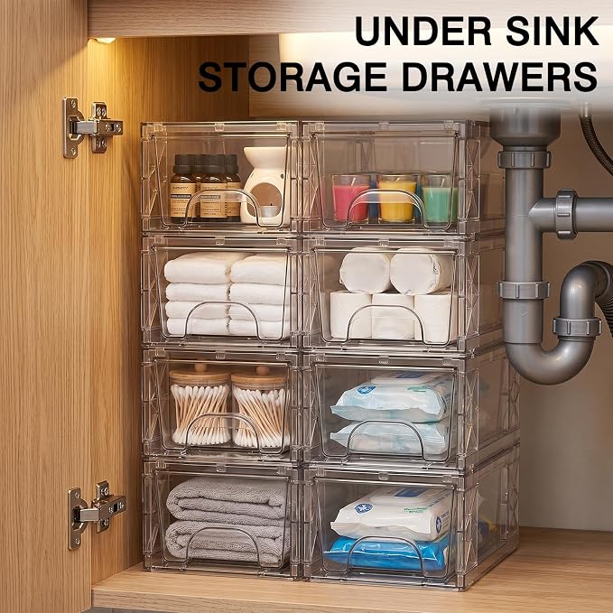 Stackable Storage Drawers 8 Pack 4.4in Clear Medicine Bins Organizer
