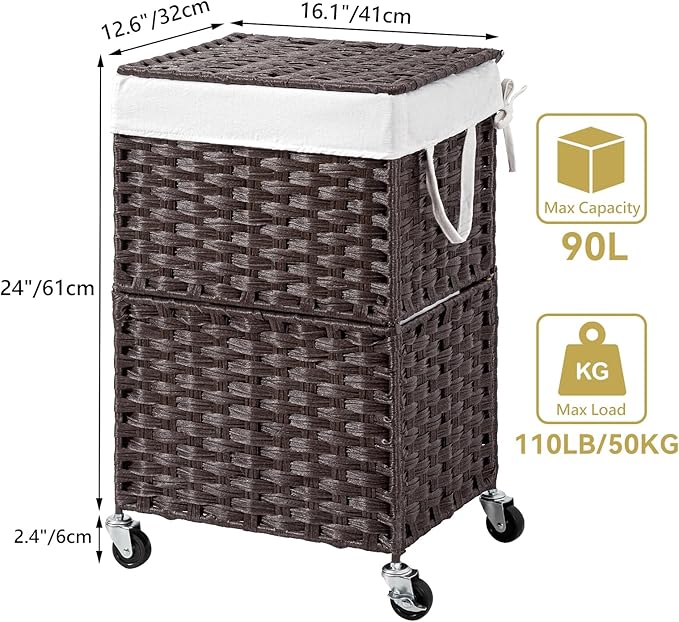Chrislley Wicker Laundry Basket with Wheels,Rolling Laundry Hamper with Lid | 90L Slim Clothes Hamper with Wheels & Removable Liner Bag, Handwoven Rattan Laundry Organizer for Bedroom, Bathroom, Brown